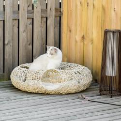Cama para Gatos de Vime PE 78x69x22cm Cama para Gatos com Almofada Suave 3 Orifícios de Acesso e Canal em Forma de Anel Natural 