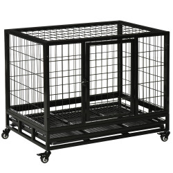 Gaiola de metal para cães com rodas e freios bandeja removível e porta com trava para golden retriver labrador 92x62x75cm preto