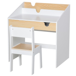 Secretária para crianças de 3 e 6 anos conjunto de mesa e cadeira com gaveta e prateleira para livros 70x50x75 cm branco e madeira