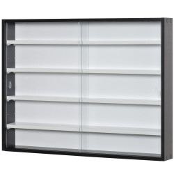 Vitrine de parede de madeira com prateleiras ajustáveis e 2 portas corredeiras de vidro para coleções perfumes bonecos de decoração 80x9,5x60cm preto
