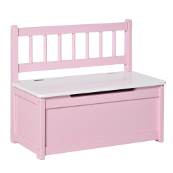 Baú de Brinquedos Banco de Armazenamento Infantil de Madeira de Pinho com Tampa de Amortecimento e Encosto Alto 60x30x50 cm Rosa