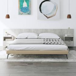 Cabeceira de cama com armários madeira processada cinza cimento