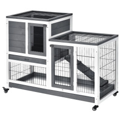 Coelheira de Madeira Interior com Rodas Gaiola para Coelhos Animais Pequenos de 2 Pisos com Zona Aberta Rampa e 2 Bandejas Remov