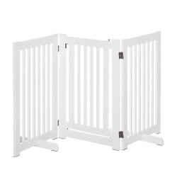 Barreira para Cães de Madeira Barreira para Animais de Estimação Dobrável de 3 Painéis com 1 Porta e Pés de Apoio 155x35,5x76 cm