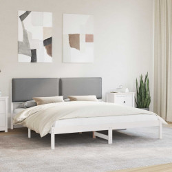 Estrutura de cama com cabeceira estofada cinzento-claro