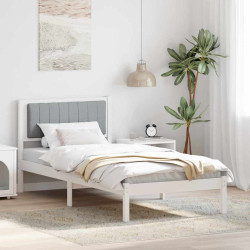 Estrutura de cama com cabeceira estofada cinzento-claro