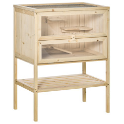 Gaiola de Madeira para Hamster com 5 Plataformas Rampa Dobrável Janela de Acrílico e Prateleira Inferior 60x40x80 cm Madeira Nat