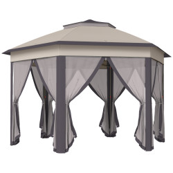 Tenda Dobrável 4x3,4 m Hexagonal com Duplo Teto 6 Mosquiteiras Destacáveis e Saco de Transporte Castanho e Bege