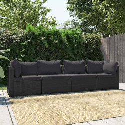 4 Pcs conjunto sofás de jardim c/ almofadões vime PE preto