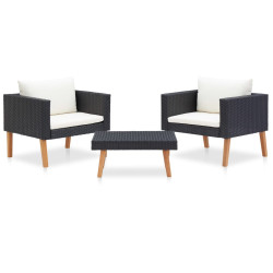 3 Pcs conjunto lounge para jardim c/ almofadões vime PE preto