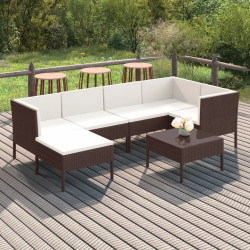 7 Pcs conjunto lounge jardim c/ almofadões vime PE castanho