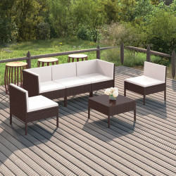 6 Pcs conjunto lounge jardim c/ almofadões vime PE castanho