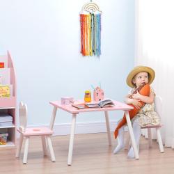 ZONEKIZ Conjunto de Mesa e 2 Cadeiras Infantil de Madeira Mesa Infantil para Crianças Acima de 18 Meses para Sala de Estar Brinq