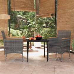 3 Pcs conj. de jantar para jardim c/ almofadões cinzento/preto