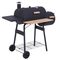 Barbecue a Carvão 2 em 1 Defumador e Grelha Barbecue com Termómetro Rodas e Prateleiras 124x53x104cm Preto