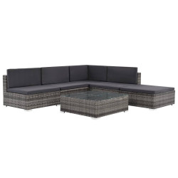 6 Pcs conjunto lounge de jardim c/ almofadões vime PE cinzento