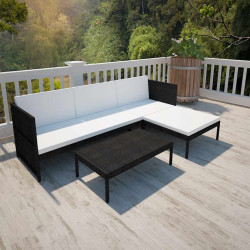 3 Pcs conjunto lounge para jardim c/ almofadões vime PE preto