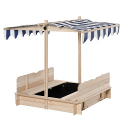 Caixa de Areia de Madeira para Crianças acima de 3 Anos com Banco e Toldo Ajustável Carga 50kg 106x106x121cm Madeira