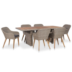 7 Pcs conjunto jantar exterior com almofadões vime PE