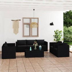 9 Pcs conjunto lounge de jardim c/ almofadões vime PE preto