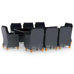 9 Pcs conj. jantar exterior c/ almofadões vime PE cinza-escuro