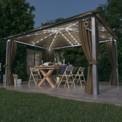 Gazebo c/ cortinas e cordões luzes LED 4x3 m alumínio cinza-AC.