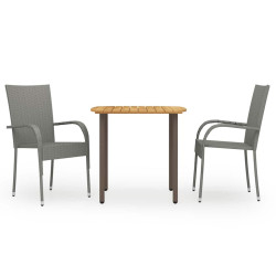 3 Pcs conjunto de jantar para jardim vime PE cinzento