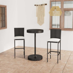 3 Pcs conjunto bar de jardim com almofadões vime PE preto