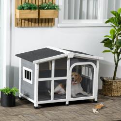 Casa para Cães de Madeira 101x66,5x70,5cm Casa para Animais de Estimação com Teto Abatível Frontal de Acrílico Porta com Cortina