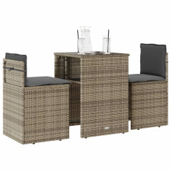 3 Pcs conjunto bistrô com almofadões vime PE cinza