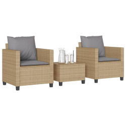 3 Pcs conjunto bistrô com almofadões vime PE bege