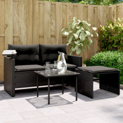 3 Pcs conjunto sofás de jardim com almofadões vime PE preto