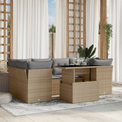7 Pcs conjunto de sofás p/ jardim com almofadões vime PE bege