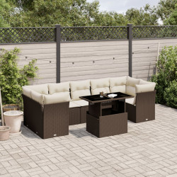 8 Pcs conjunto sofás de jardim c/ almofadões vime PE castanho