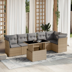 7 Pcs conjunto de sofás p/ jardim com almofadões vime PE bege