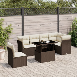 7 Pcs conjunto de sofás jardim c/ almofadões vime PE castanho