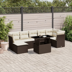 8 Pcs conjunto sofás de jardim c/ almofadões vime PE castanho