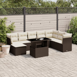 9 Pcs conjunto sofás p/ jardim c/ almofadões vime PE castanho