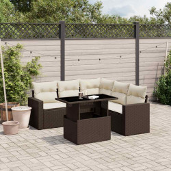 6 Pcs conjunto de sofás jardim c/ almofadões vime PE castanho