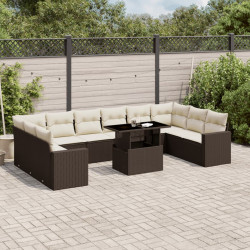 11 Pcs conjunto sofás de jardim c/ almofadões vime PE castanho