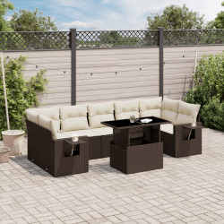 8 Pcs conjunto sofás de jardim c/ almofadões vime PE castanho