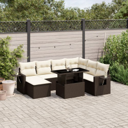 8 Pcs conjunto sofás de jardim c/ almofadões vime PE castanho