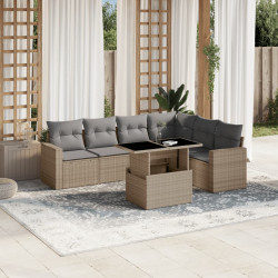 7 Pcs conjunto de sofás p/ jardim com almofadões vime PE bege