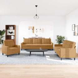 3 Pcs conjunto de sofás com almofadões veludo castanho