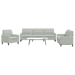 3 Pcs conjunto de sofás com almofadões veludo cinzento-claro