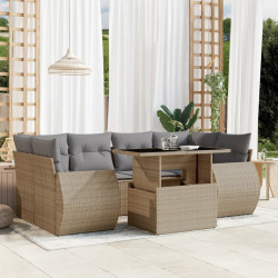 7 Pcs conjunto de sofás p/ jardim com almofadões vime PE bege