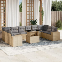 11 Pcs conjunto sofás de jardim c/ almofadões vime PE bege