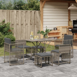 7 Pcs conjunto de jantar p/ jardim c/ almofadões vime PE cinza