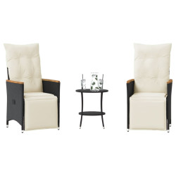 3 Pcs conjunto de bistrô com almofadões vime PE preto
