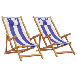 Cadeiras de praia dobráveis 2 pcs tecido/madeira azul/branco